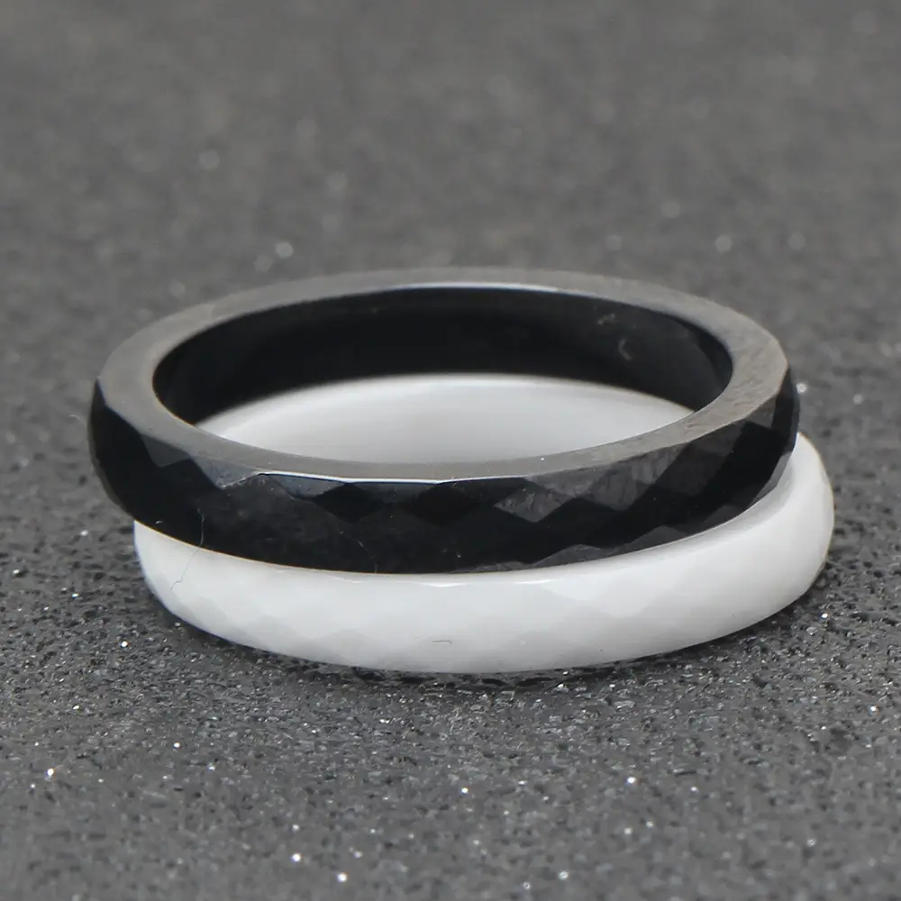 Ceramic Black White Rhombus Ring 3mm Glossy Daily Wear