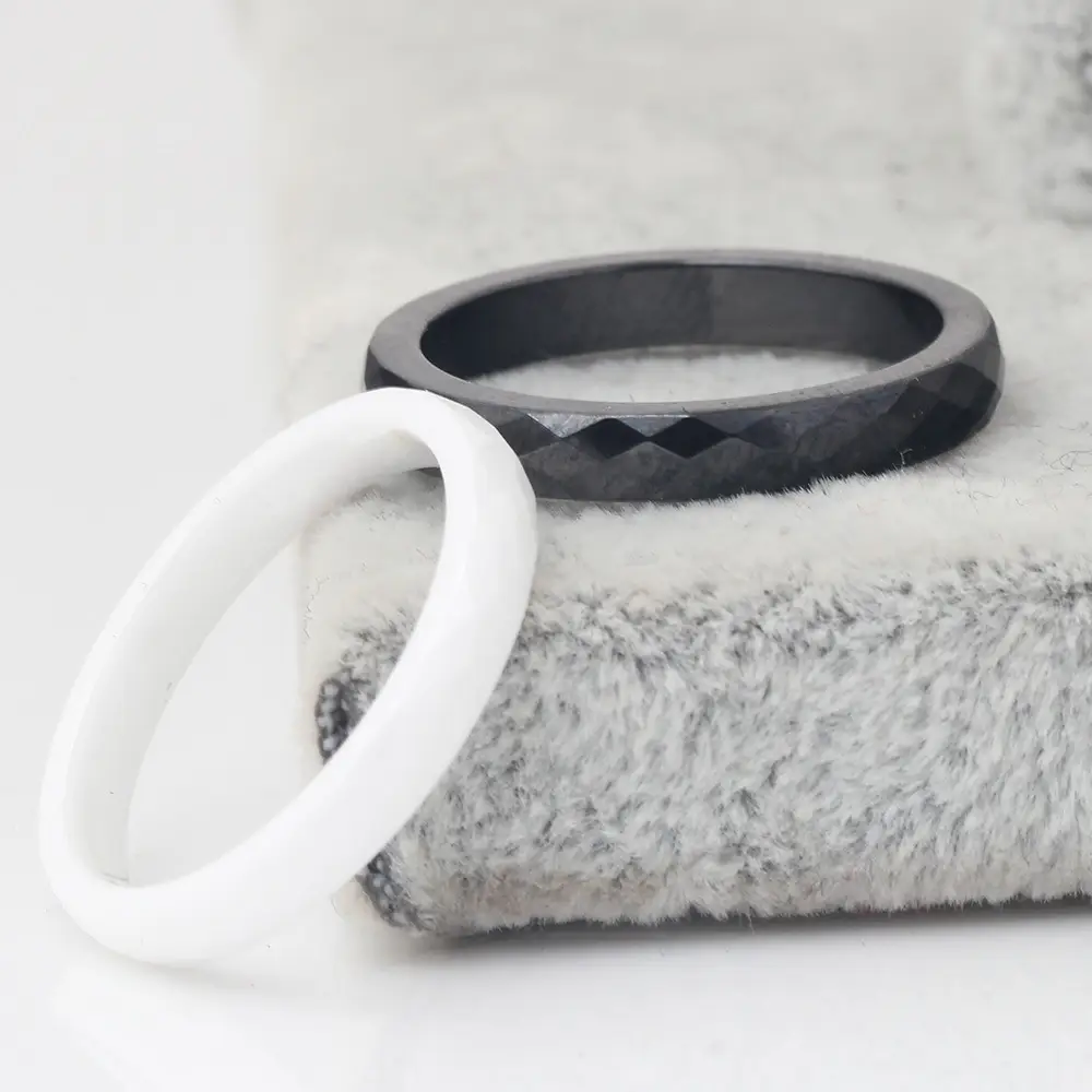 Ceramic Black White Rhombus Ring 3mm Glossy Daily Wear