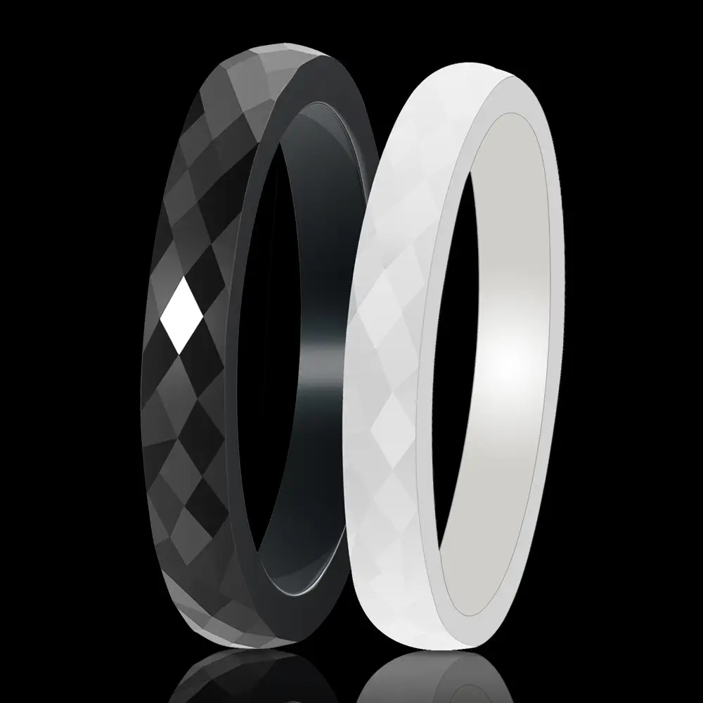 Ceramic Black White Rhombus Ring 3mm Glossy Daily Wear