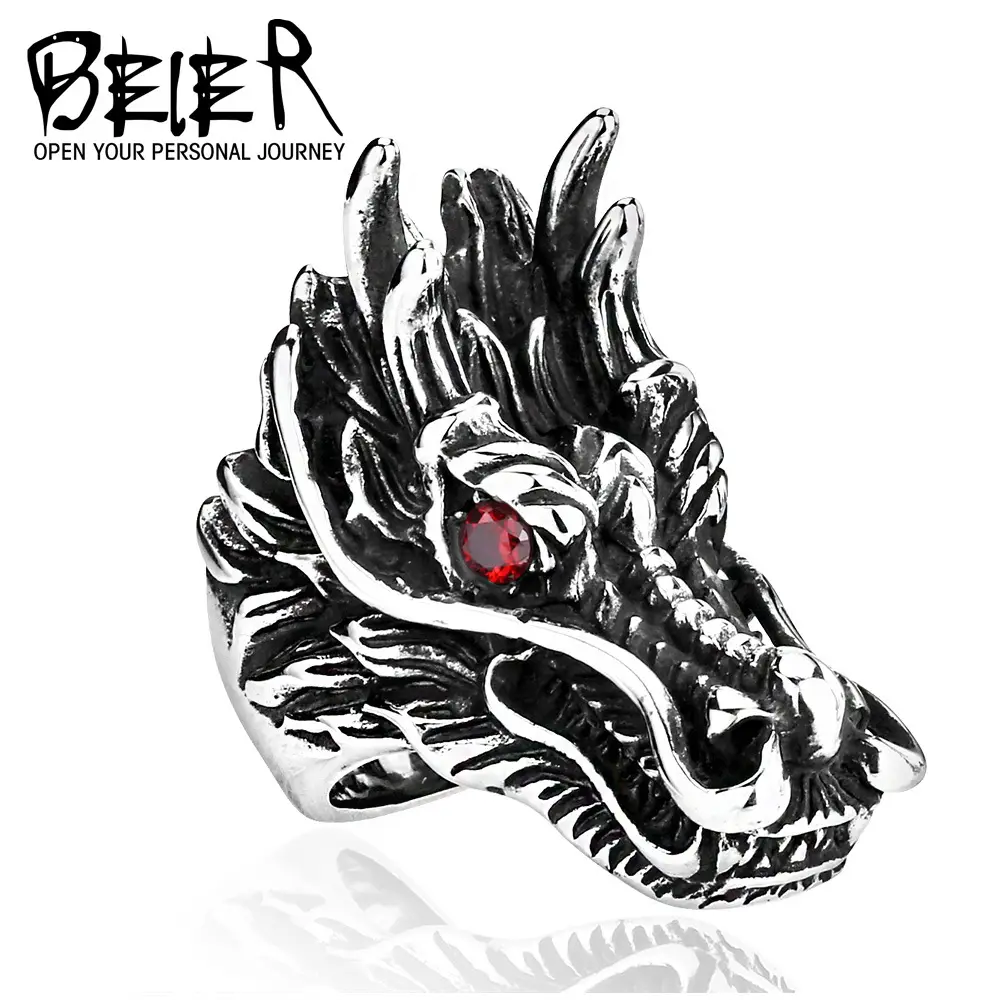 Men's Titanium Dragon Ring Red Eyes Stainless Steel
