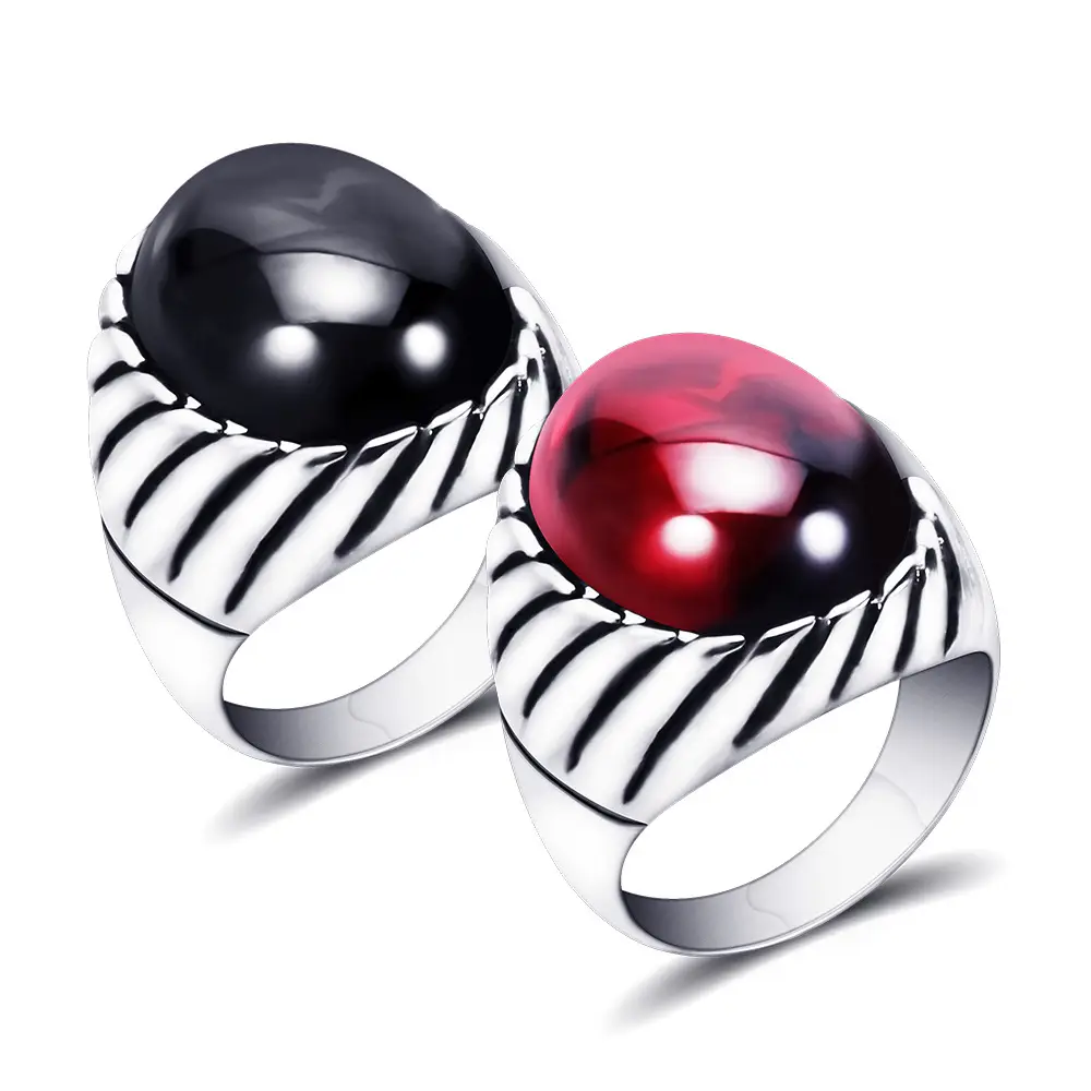 Stainless Steel Retro Stripe Rings Black Red 20mm