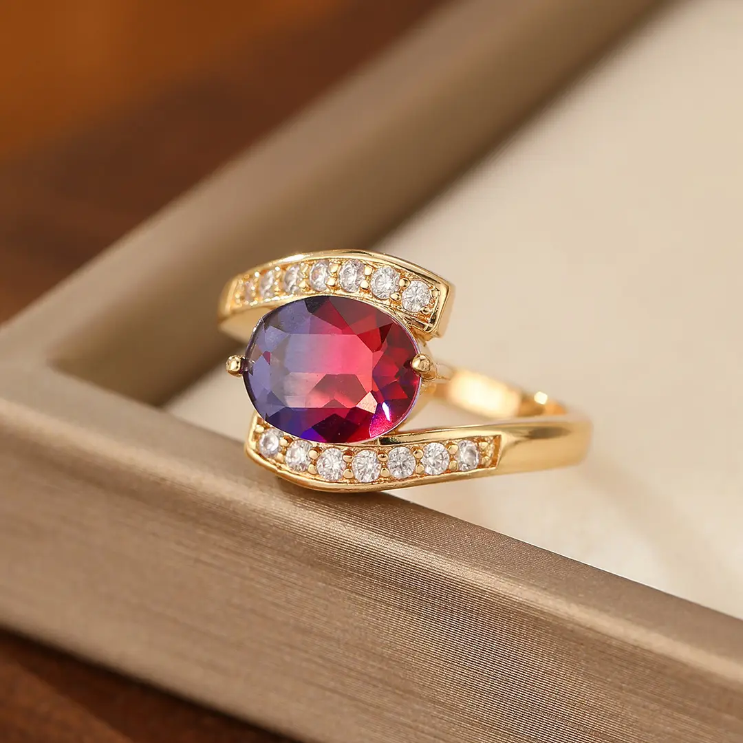 Gold Plated Crystal Ring with Emerald Red Tourmaline