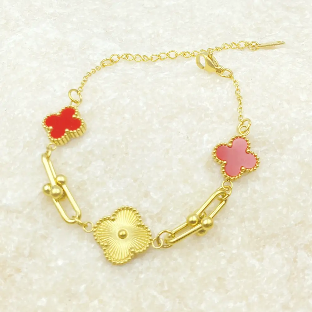 Four-Leaf Flower Bracelet Set Gold Turquoise Stainless Steel Daily Wear Jewelry