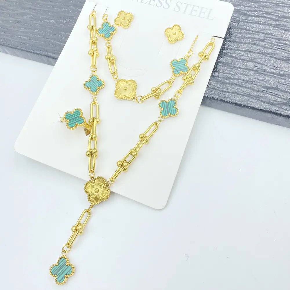 Four-Leaf Flower Bracelet Set Gold Turquoise Daily Wear Jewelry