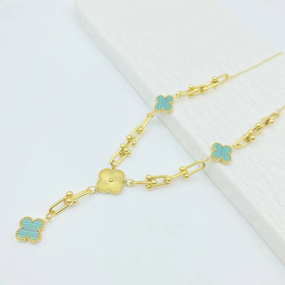 Four-Leaf Flower Bracelet Set Gold Turquoise Daily Wear Jewelry