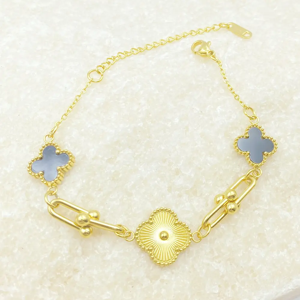 Four-Leaf Flower Bracelet Set Gold Turquoise Daily Wear Jewelry
