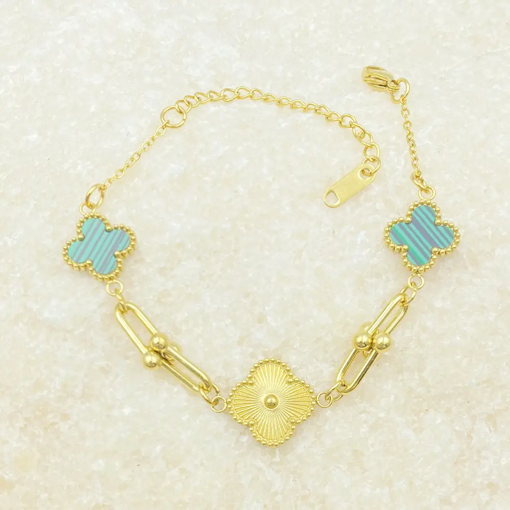 Four-Leaf Flower Bracelet Set Gold Turquoise Daily Wear Jewelry