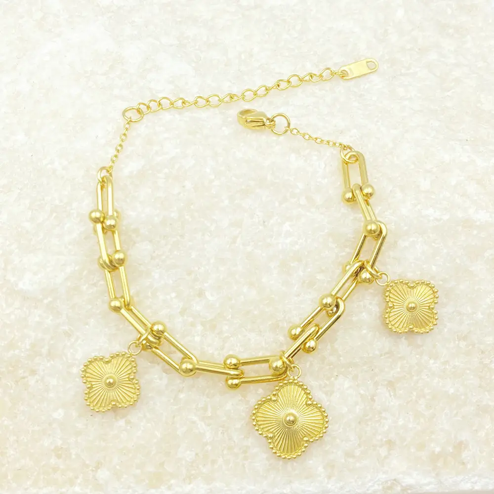 Four-Leaf Flower Bracelet Set Gold Turquoise Daily Wear Jewelry