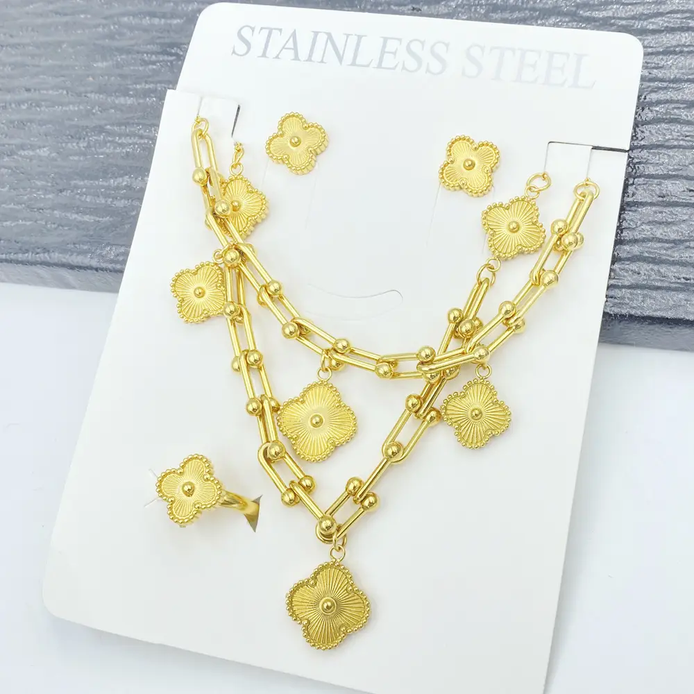 Four-Leaf Flower Bracelet Set Gold Turquoise Daily Wear Jewelry