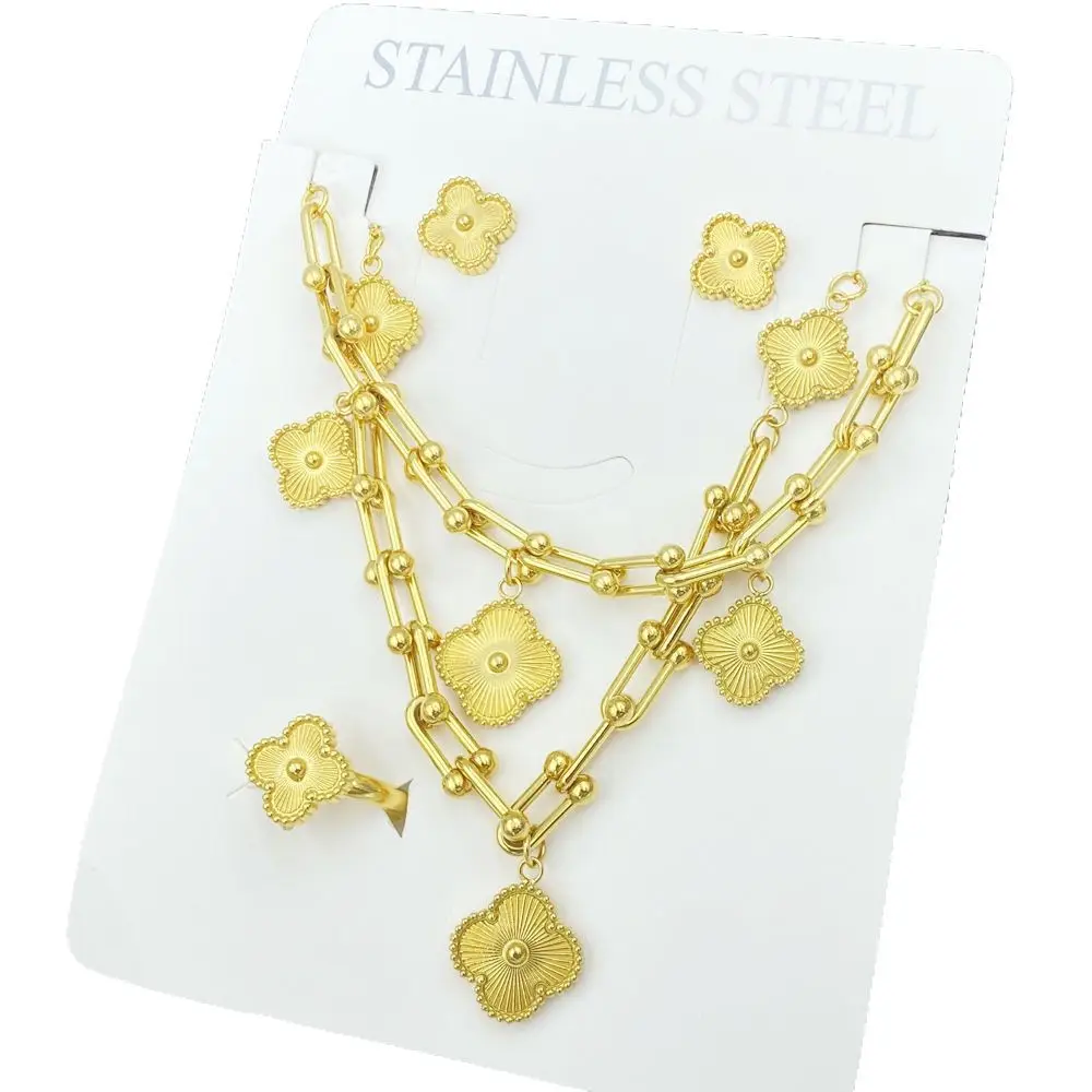 Four-Leaf Flower Bracelet Set Gold Turquoise Daily Wear Jewelry