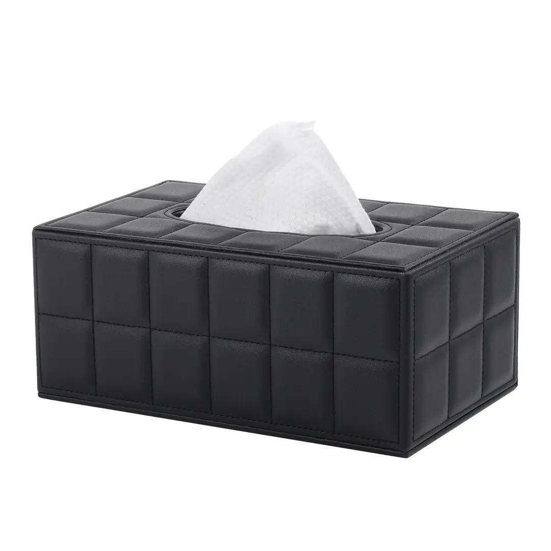 Black Leather Tissue Box with White Stitching