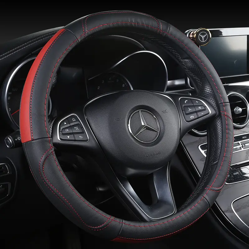 Premium Leather Steering Wheel Cover Black Red Pakistan