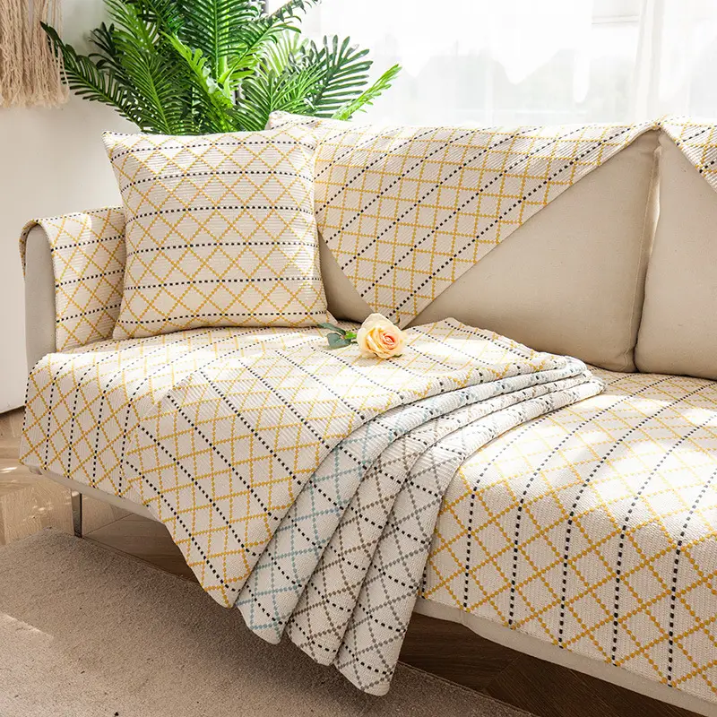 Yellow Grid Sofa Cover Cotton Linen Non-Slip