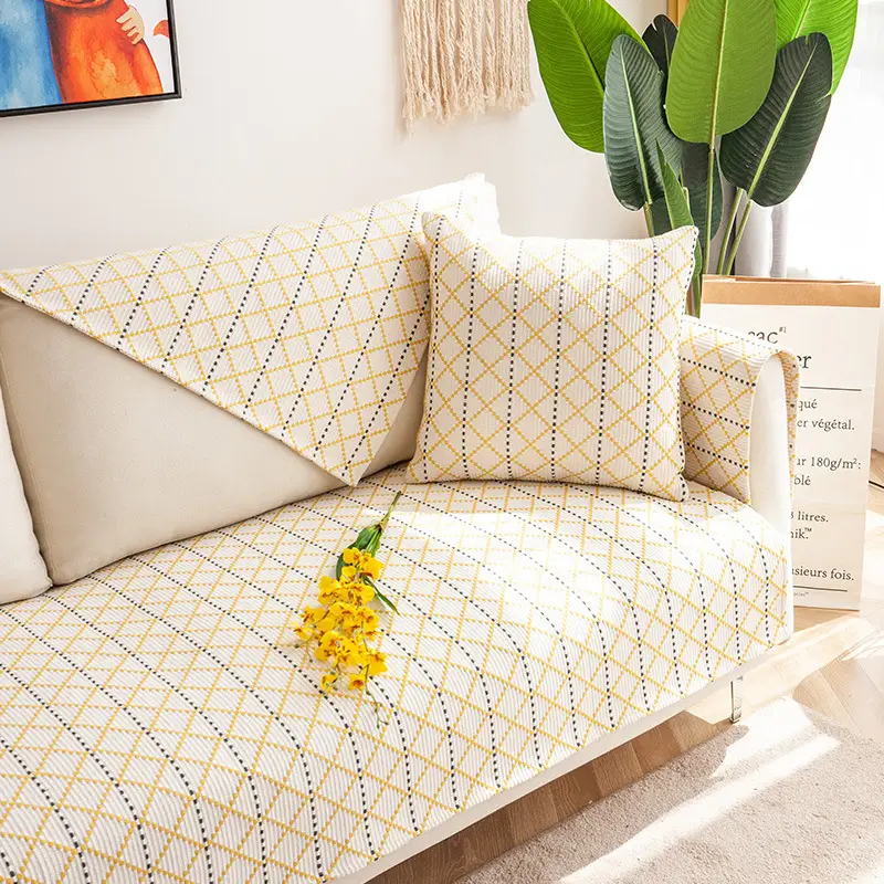 Cushion Cover Cotton Linen Yellow Black Grid Non-Slip