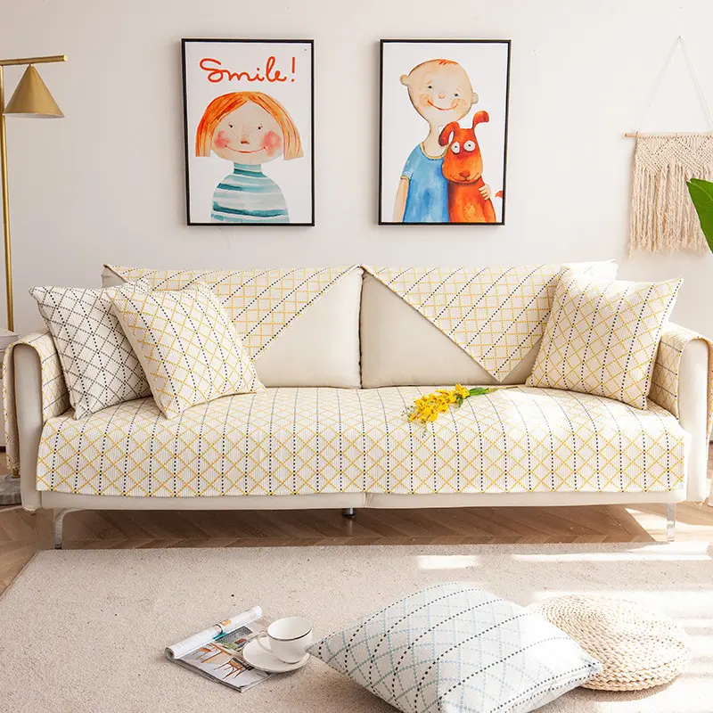 Cushion Cover Cotton Linen Yellow Black Grid Non-Slip