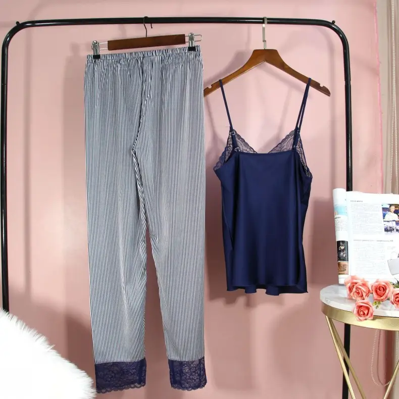 Ice Silk Sling Pajamas Striped Trousers Lace Set