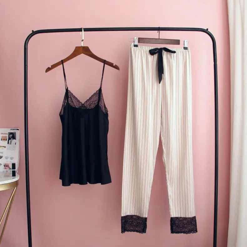 Ice Silk Sling Pajamas Striped Trousers Lace Set
