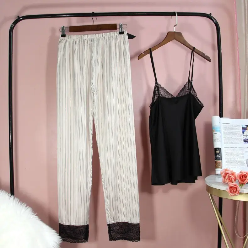 Ice Silk Sling Pajamas Striped Trousers Lace Set