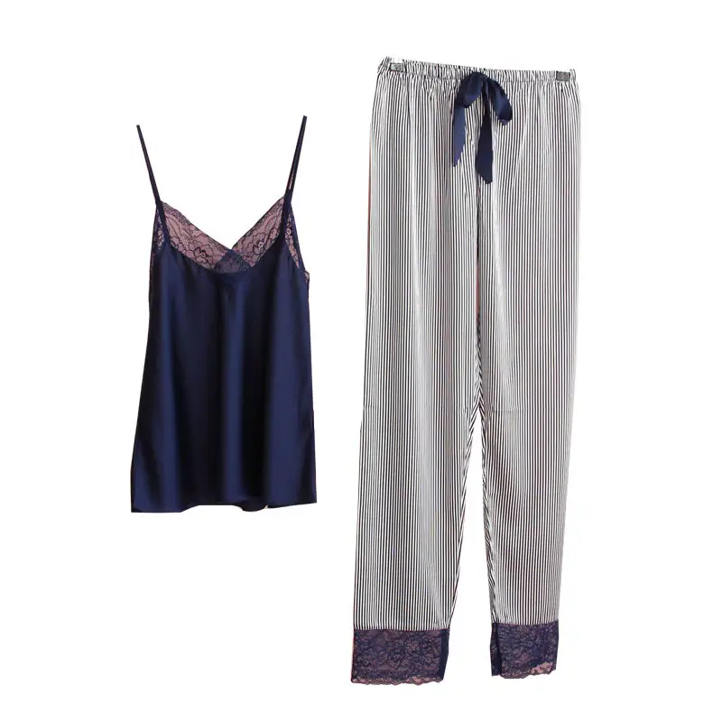 Ice Silk Sling Pajamas Striped Trousers Lace Set