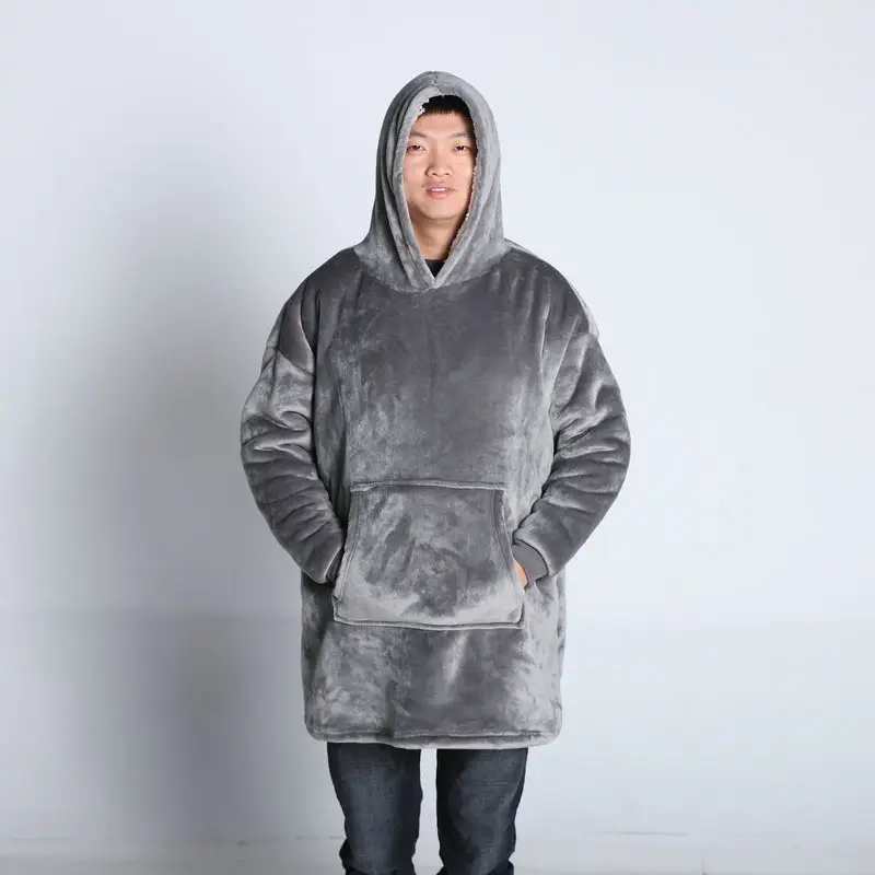 Grey Hooded Flannel TV Blanket Sweatshirt Home Wear