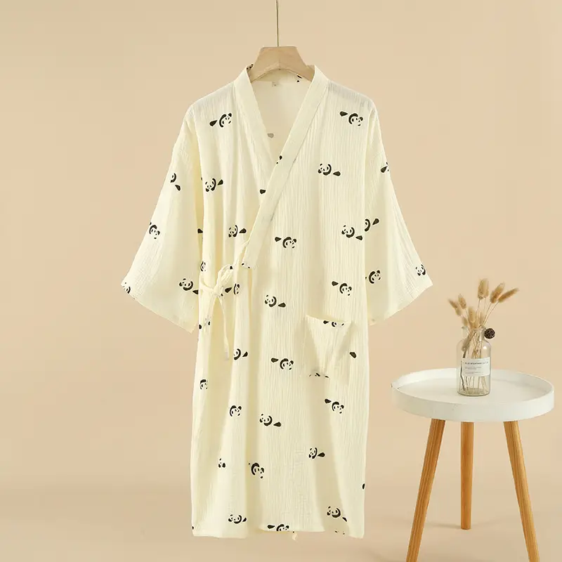 Women Loose Panda Print Cotton Kimono Bathrobe Plus Size
