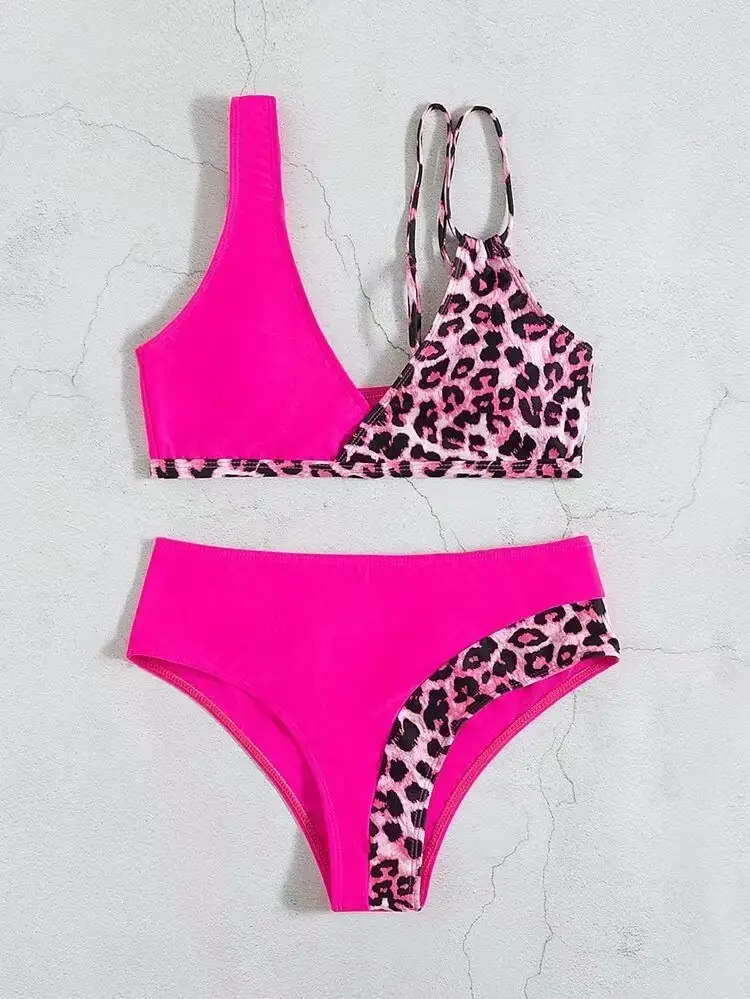 Pink Leopard Print High Waist Bikini Set for Women