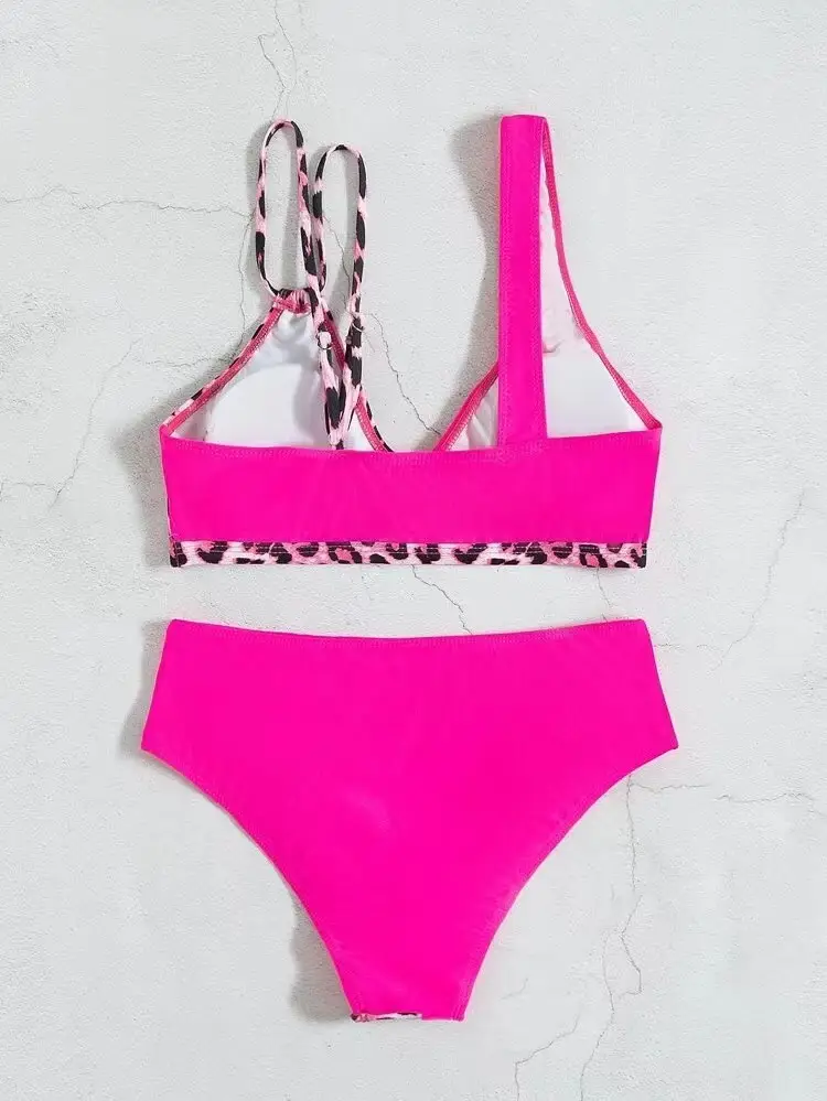 Pink Leopard Print High Waist Bikini Set for Women