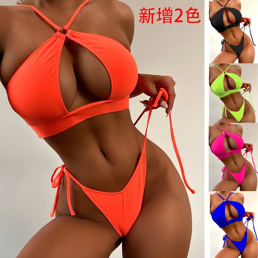 Solid Orange Hollow-Out Split Swim Suit for Women