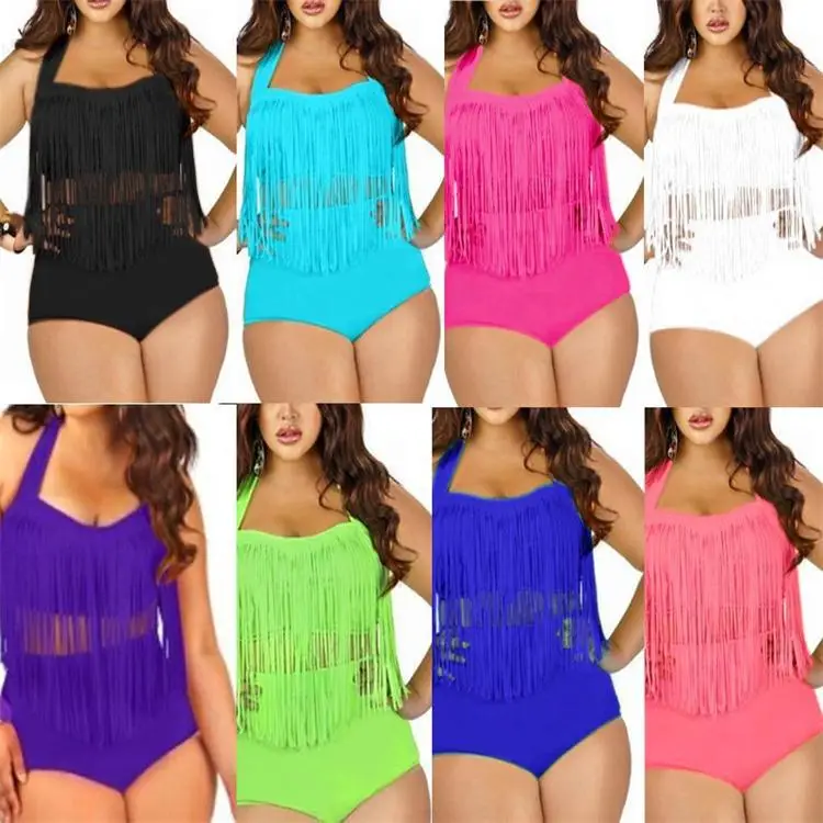 Plus Size Tassel Bikini for Women White High Waist