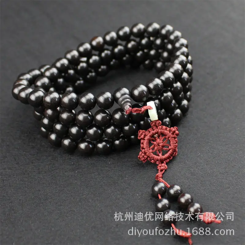 Elegant Multi-Layer Ebony Rosary Bracelet with Red Tassel