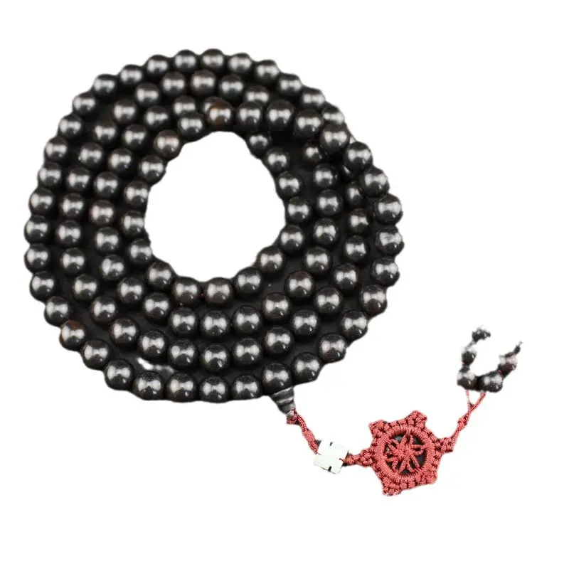 Elegant Multi-Layer Ebony Rosary Bracelet with Red Tassel