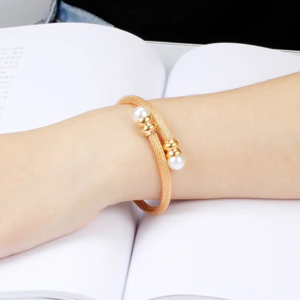 Tone Pearl Bracelet Gold Rose Gold Silver Elastic Daily Wear