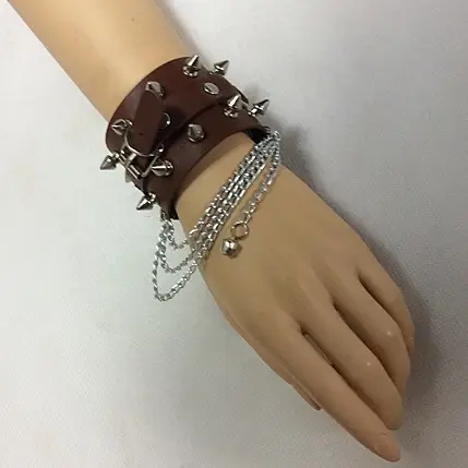 Punk Black Leather Bracelet with Spikes & Chains for Teens