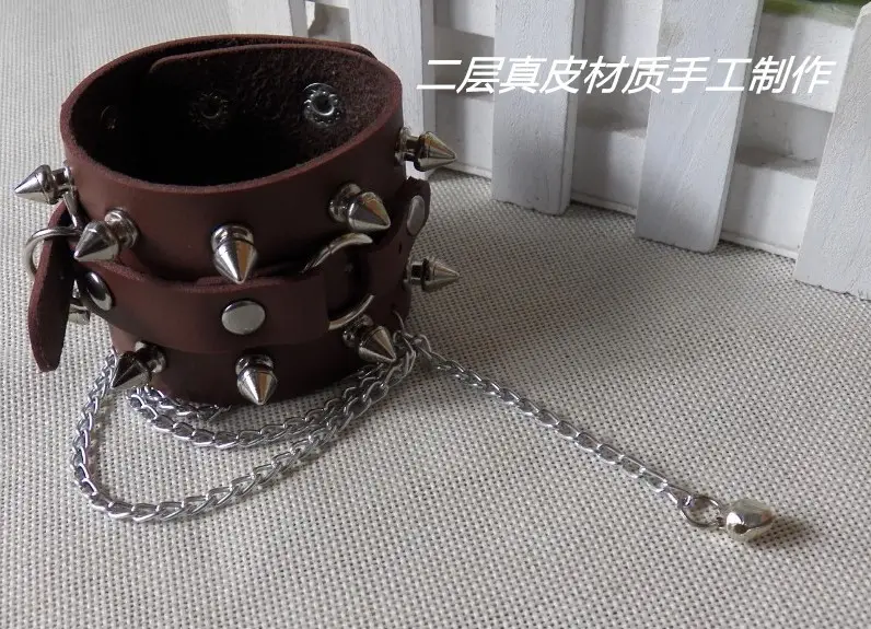 Punk Black Leather Bracelet with Spikes & Chains for Teens