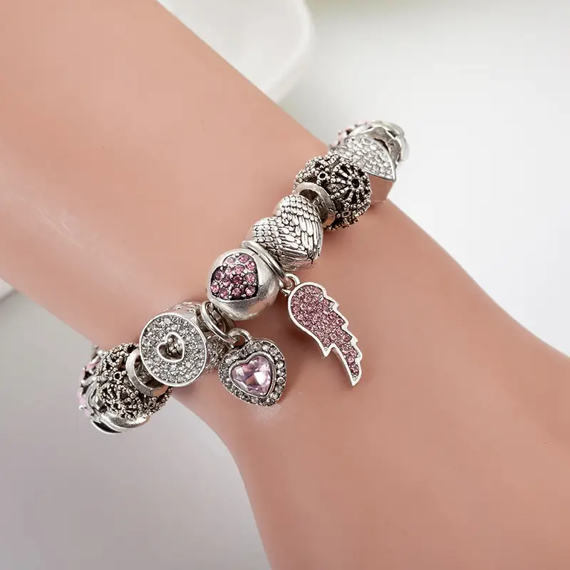 Silver Heart Charm Bracelet with Pink Diamonds for Women