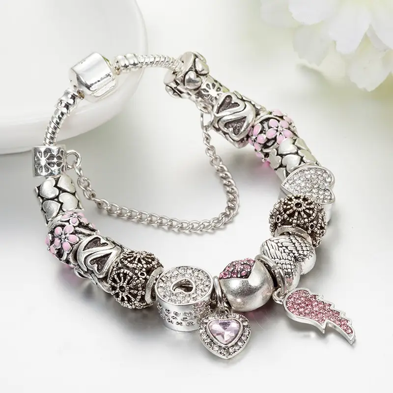Silver Heart Charm Bracelet with Pink Diamonds for Women