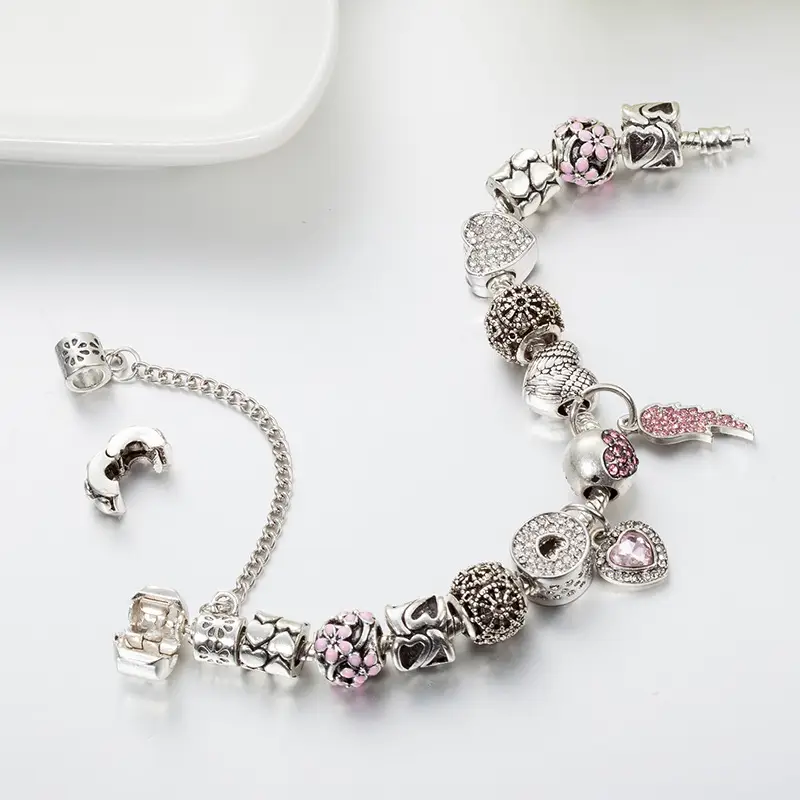 Silver Heart Charm Bracelet with Pink Diamonds for Women