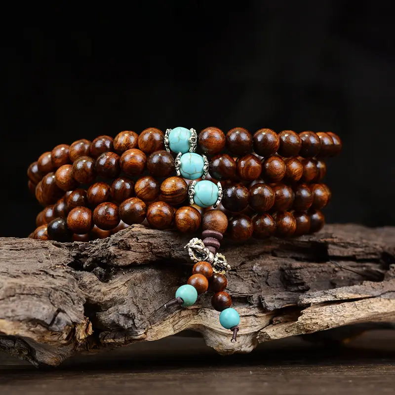 Black Flower Pear Wooden Bracelet 108 Beads Pakistan