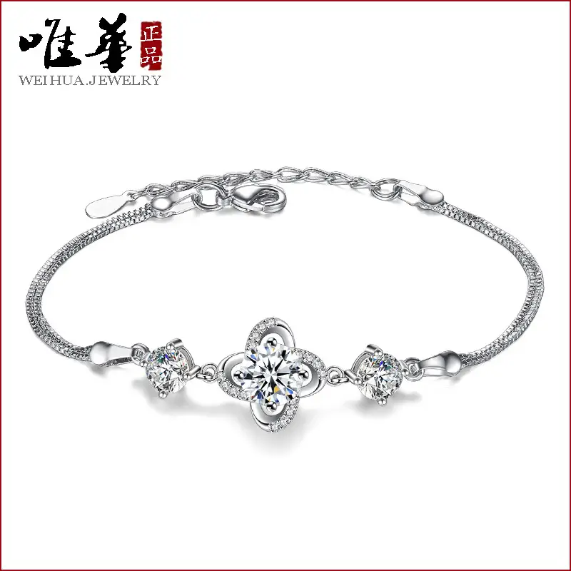 Silver Plated Copper Floral Zircon Bracelet for Women