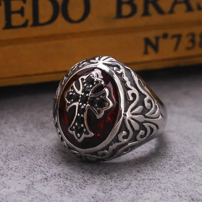 Stainless Steel Cross Design Ring Red Enamel Center