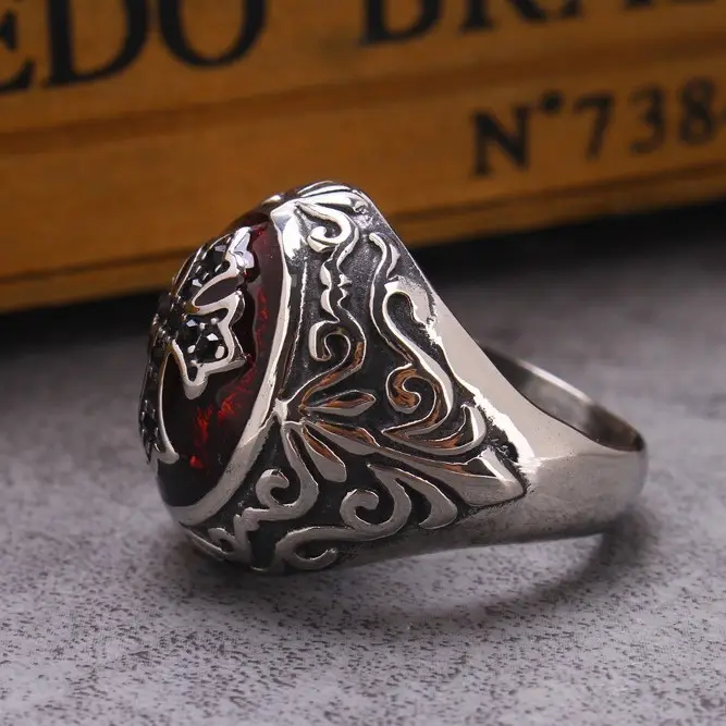 Stainless Steel Cross Design Ring Red Enamel Center