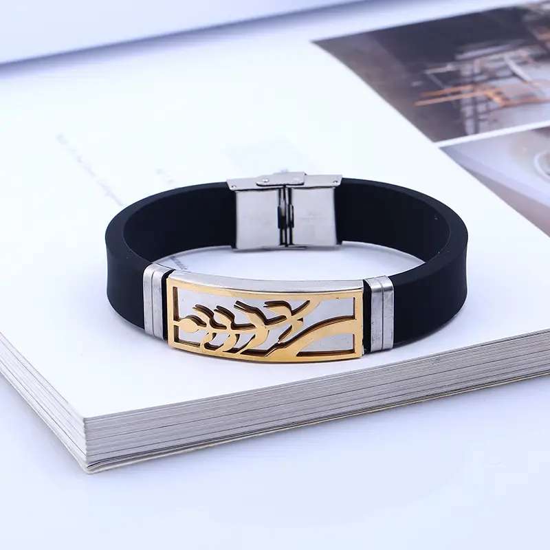 Black Silicone Men's Bracelet with Gold Engraved Design