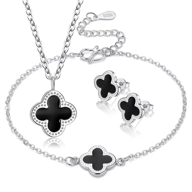 Silver Four-Leaf Clover Jewelry Set for Women