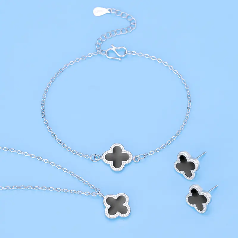 Silver Four-Leaf Clover Jewelry Set for Women