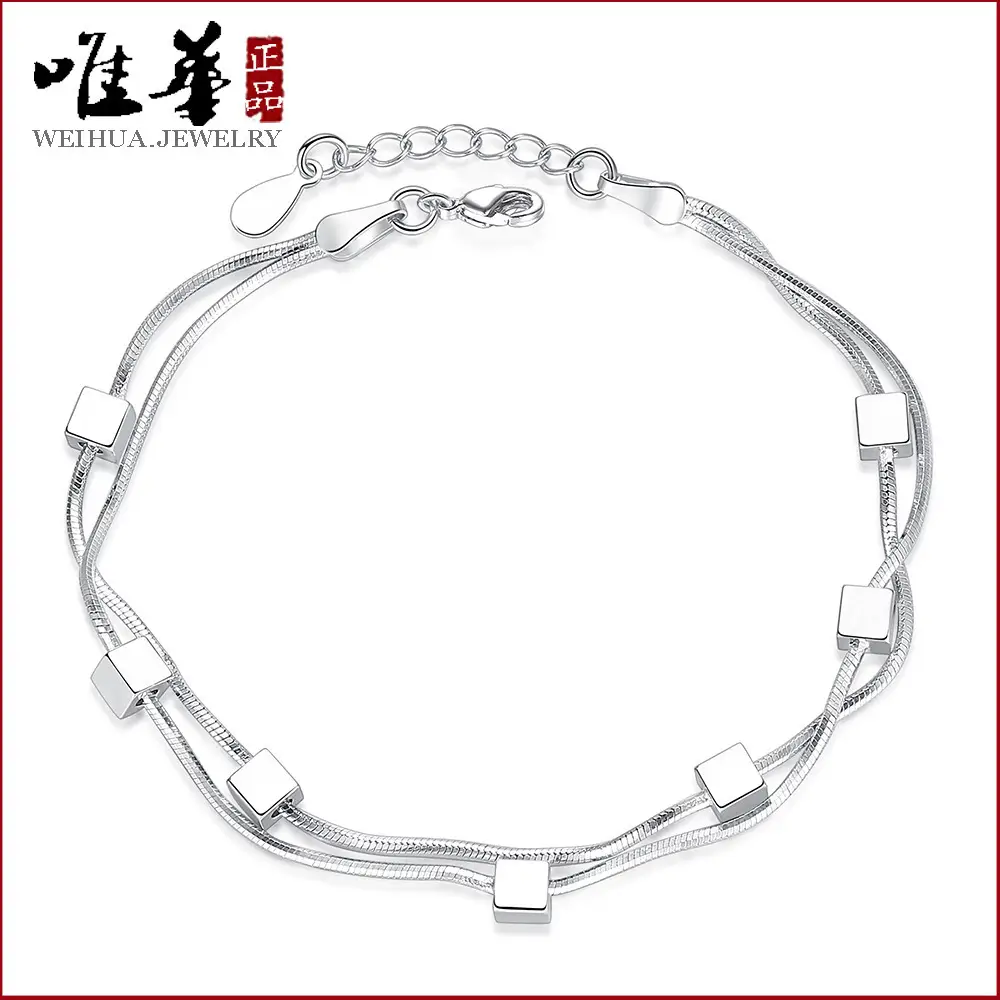 Silver Double Snake Chain Bracelet with Cube Charms