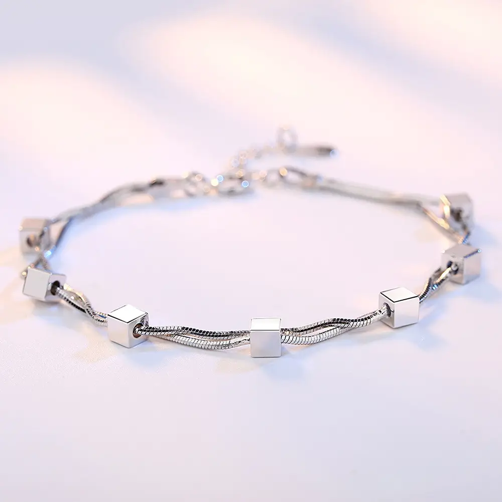 Silver Double Snake Chain Bracelet with Cube Charms