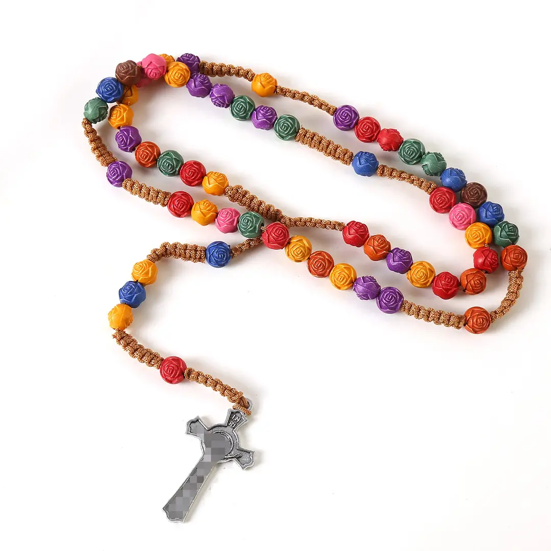 Colorful Cross Rose Rosary Necklace with Silver Pendant