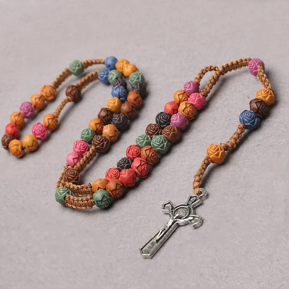 Colorful Cross Rose Rosary Necklace with Silver Pendant