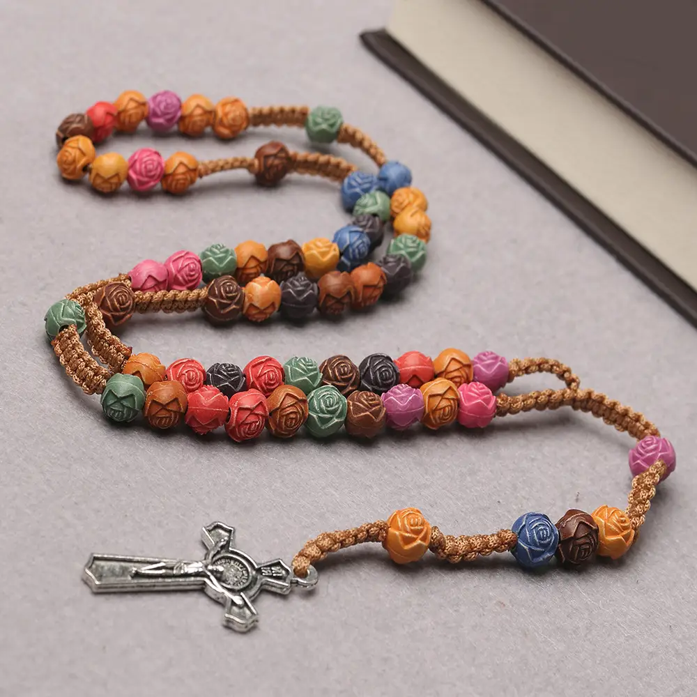 Colorful Cross Rose Rosary Necklace with Silver Pendant