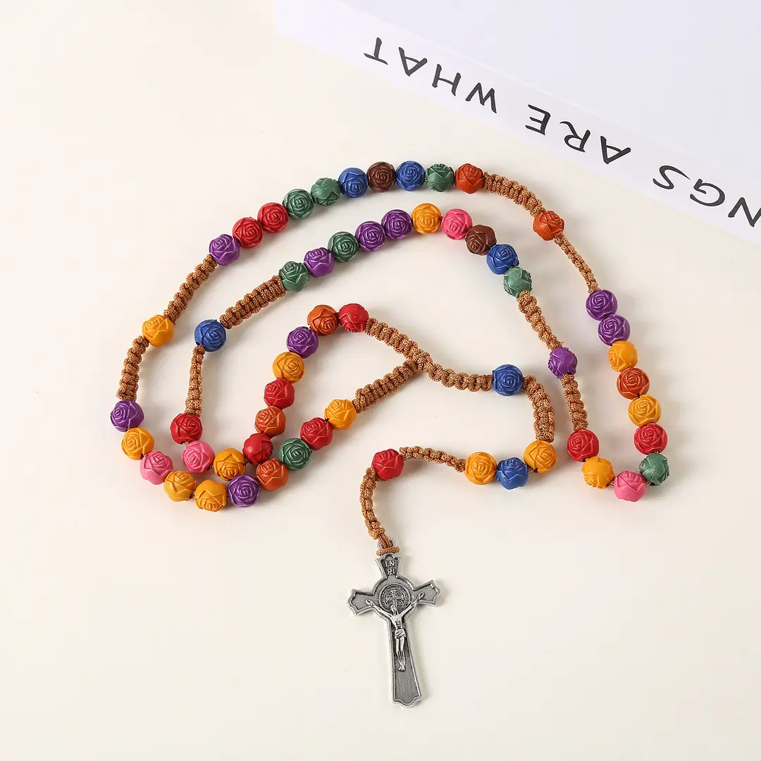 Colorful Cross Rose Rosary Necklace with Silver Pendant